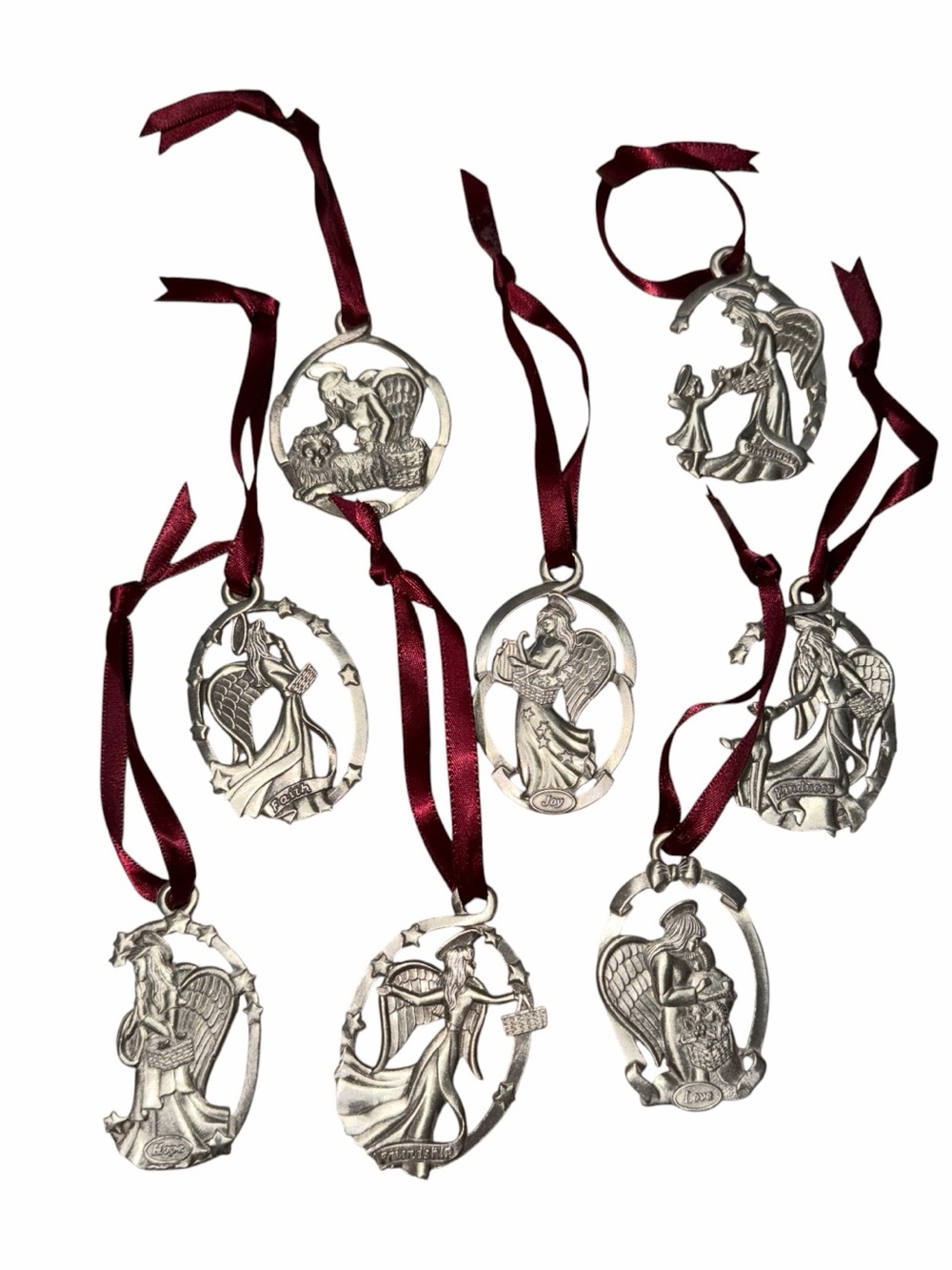 Pewter Angel Ornament Set with Burgundy Ribbon